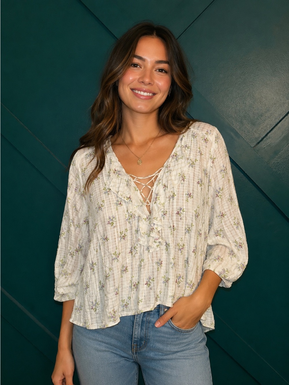 Denim & Supply Floral Lace-Up Peasant Blouse White Cottagecore Boho Ruffle